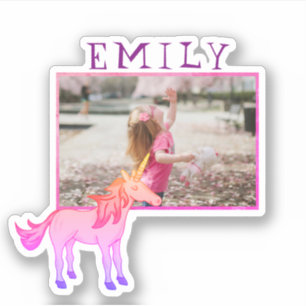 Niedlich rosa Einhornname und Foto Kids Aufkleber