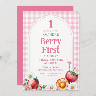 Niedlich Rosa Erdbeeren & Wildblumen 1. Geburtstag Einladung