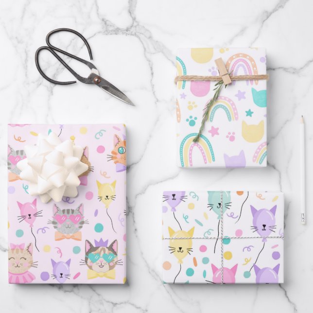 Niedlich rosa farbenfrohe Kitten Cat Lover Pattern Geschenkpapier Set (Vorderseite)