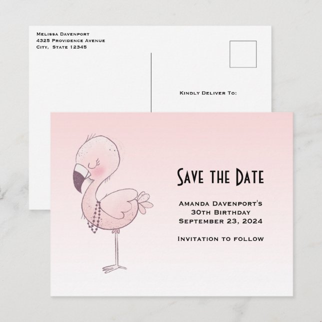 Niedlich-rosa-Flamingo-Illustration Save the Date Einladungspostkarte (Vorne/Hinten)