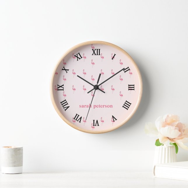 Niedlich rosa Flamingo individuelle Name pink Uhr (Zuhause)