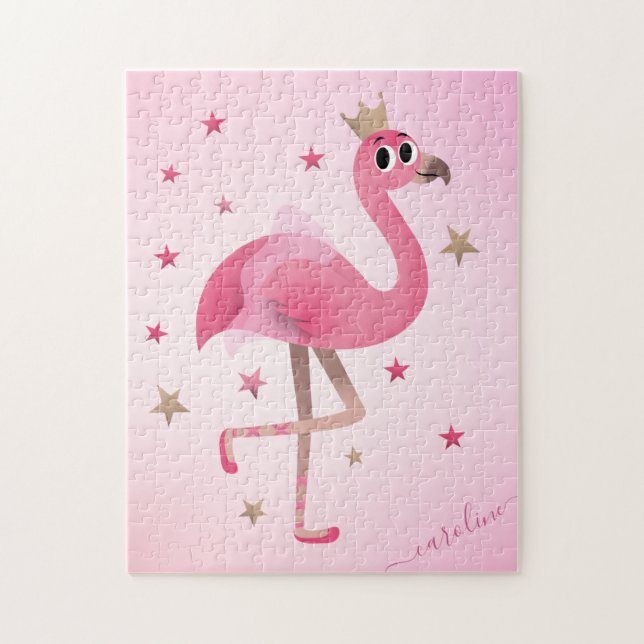 Niedlich rosa Flamingo Kronenstars Kinder Name Puzzle (Vertikal)