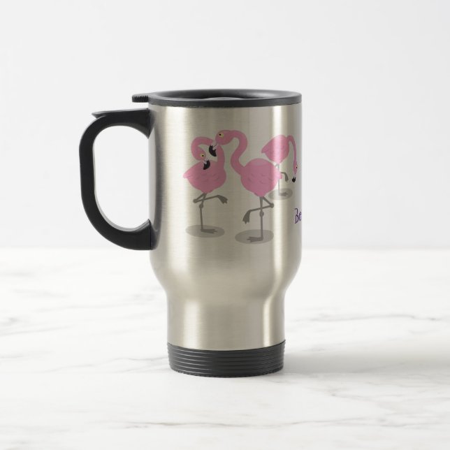 Niedlich rosa Flamingo Trio Cartoon personalisiert Reisebecher (Links)