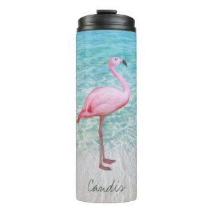 Niedlich rosa Flamingo Tropical Beach Name Fine Ar Thermosbecher