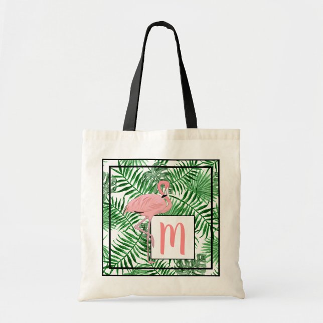 Niedlich rosa Flamingo Wasserfarben  Monogramm Tragetasche (Vorne)