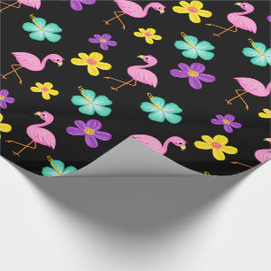 Niedlich rosa Flamingos und Blume Schwarz Geschenkpapier