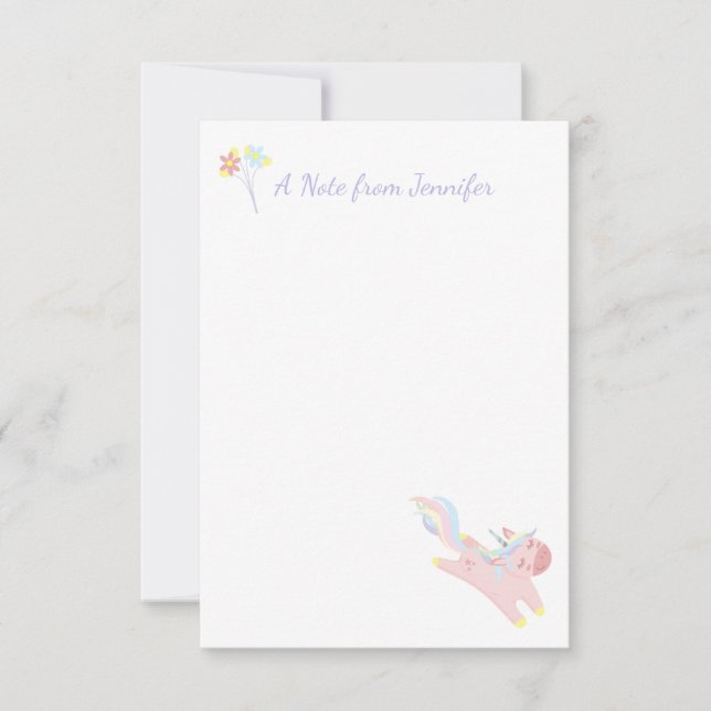 Niedlich rosa fliegendes Unicorn Personalisiert Mitteilungskarte (Vorderseite)