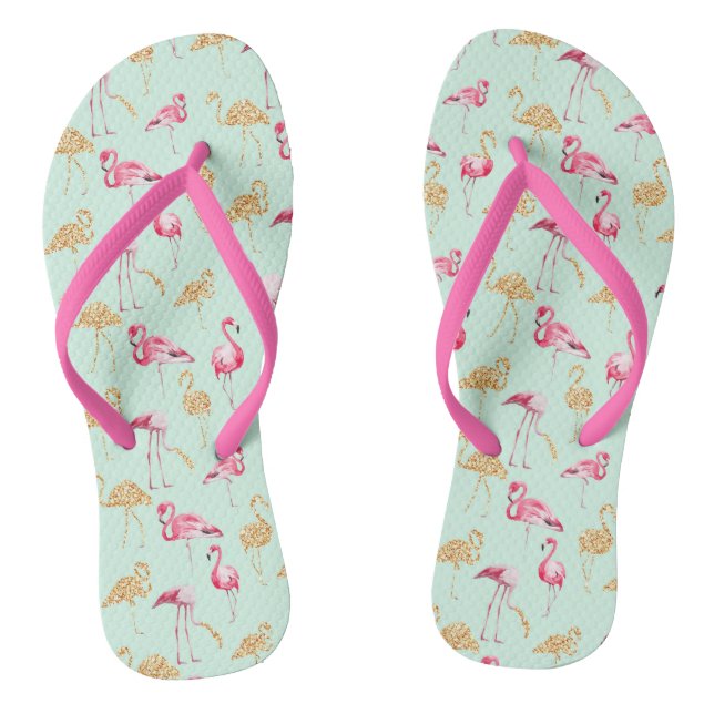 Niedlich rosa Floral und Gold Girl Funky Flamingo Flip Flops (Fußbett)