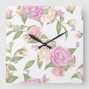 Niedlich-rosa-florale Zeichnend Quadratische Wanduhr