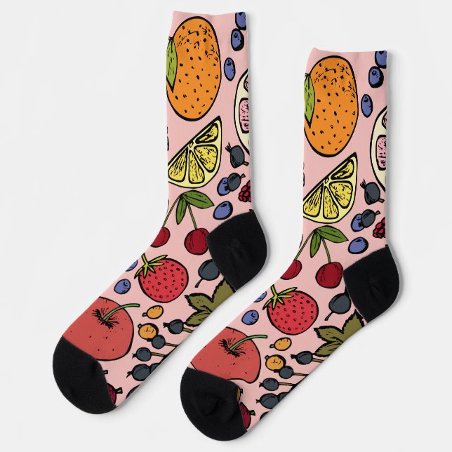 Niedlich rosa Fruchtmuster l Orange l Erdbeere Socken (Linkes Detail)