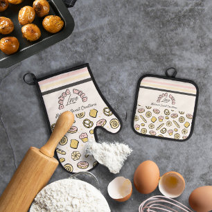 Niedlich rosa gelb gebacken mit Liebe Ofenhandschuh & Topflappen-Set
