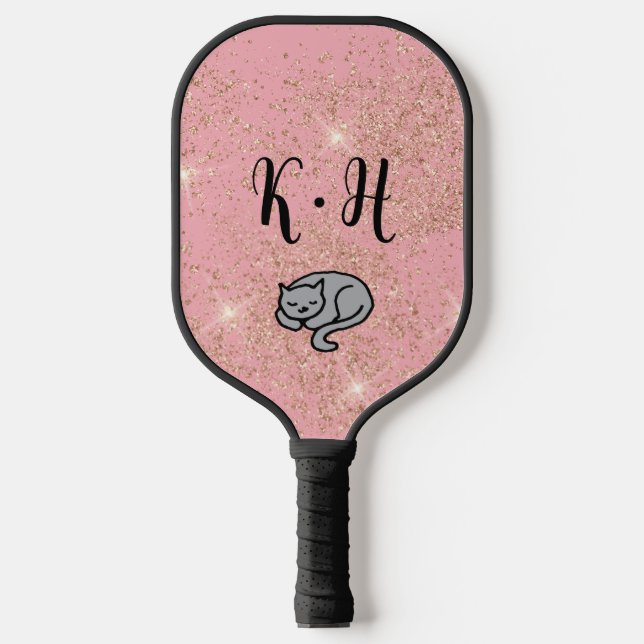 Niedlich rosa Glitzer Katzenmonogramm Pickleball Schläger (Vorderseite)