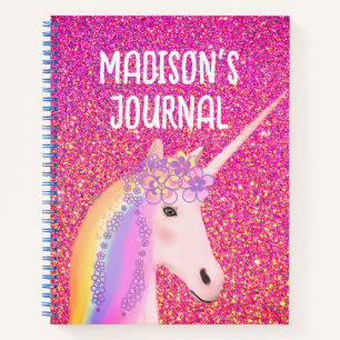 Niedlich rosa Glitzer Unicorn Personalisiert Journ Notizbuch