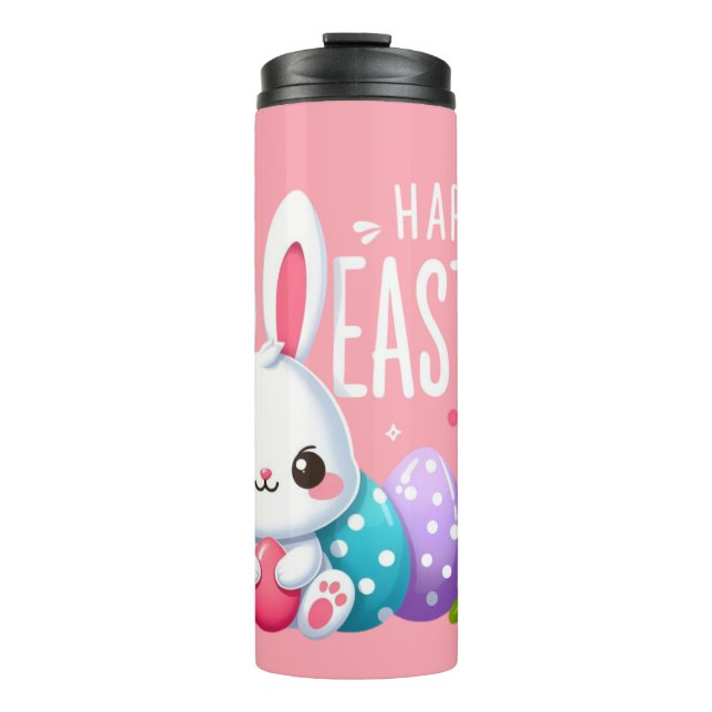 Niedlich, rosa glücklich Osterhase Thermosbecher (Vorderseite)