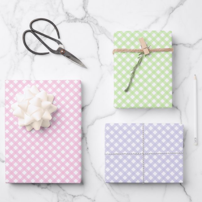 Niedlich rosa, grün und lavender Pastel Gingham Mu Geschenkpapier Set (Vorderseite)