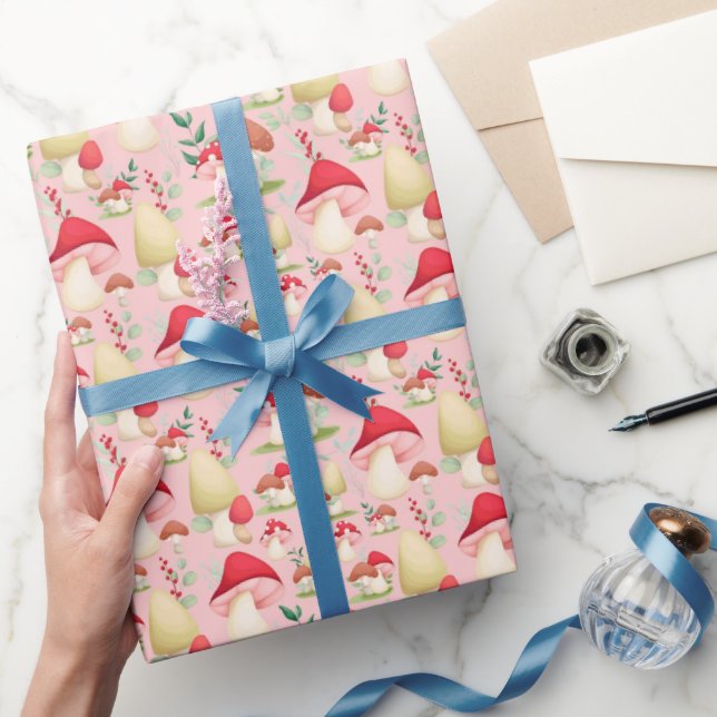 Niedlich rosa, handgestrichene Pilze Geschenkpapier (Schenken)