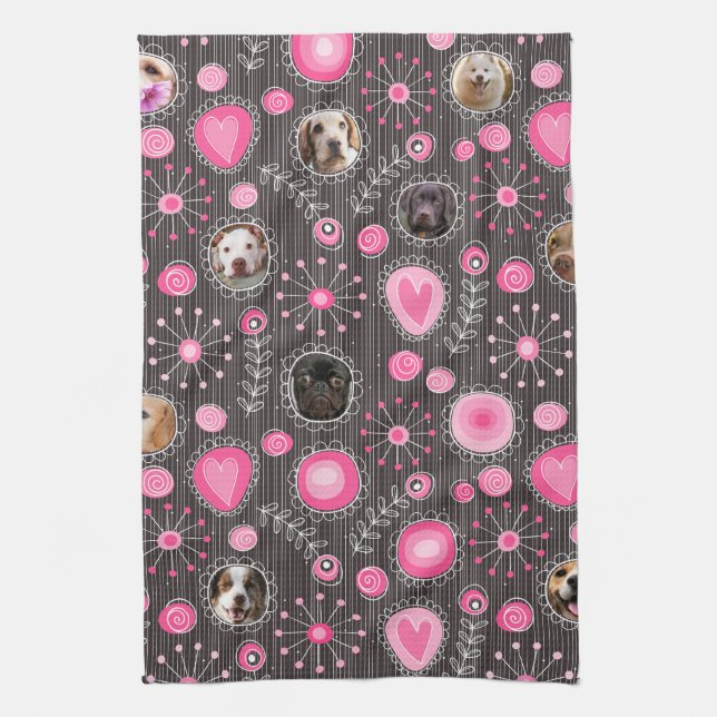 Niedlich rosa Herz und Blume Mama Hund FotoCollage Geschirrtuch (Vertikal)