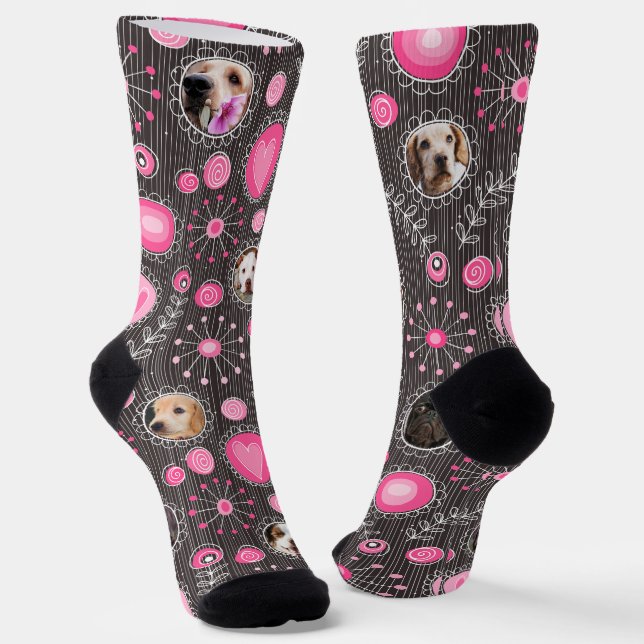 Niedlich rosa Herz und Blume Mama Hund FotoCollage Socken (Gewinkelt)
