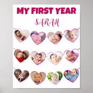 Niedlich rosa Hört mein erstes Jahr 12 FotoCollage Poster