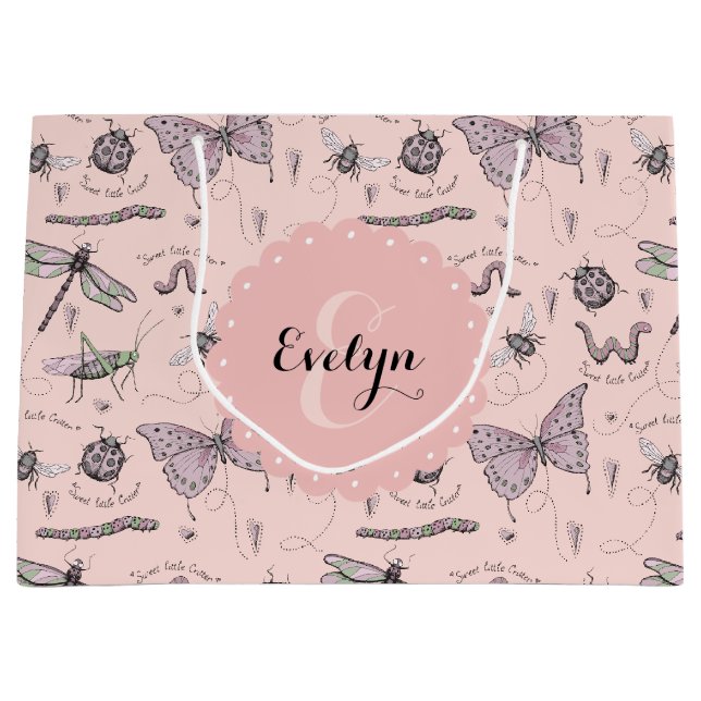Niedlich-rosa-Insekten-Monogramm-Girl Große Geschenktüte (Vorderseite)
