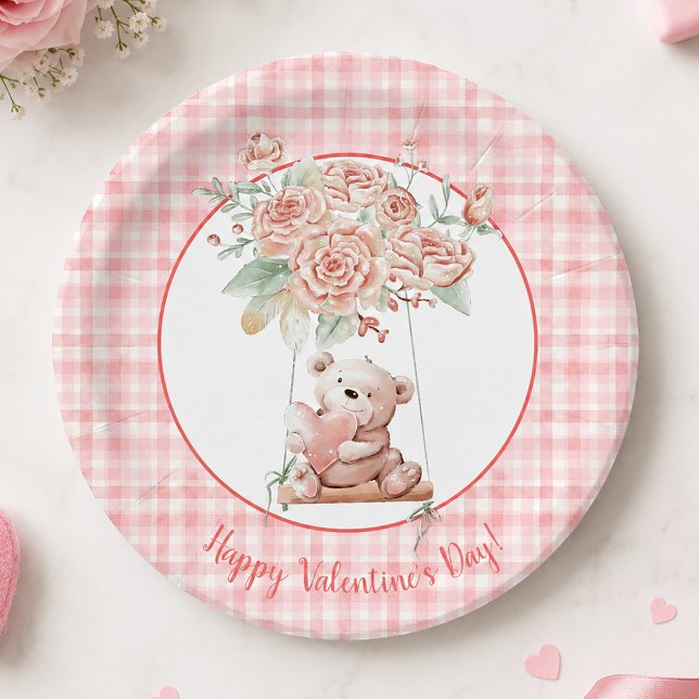 Niedlich rosa Karierter Valentinstag Pappteller (Cute Valentine's Day Plate)