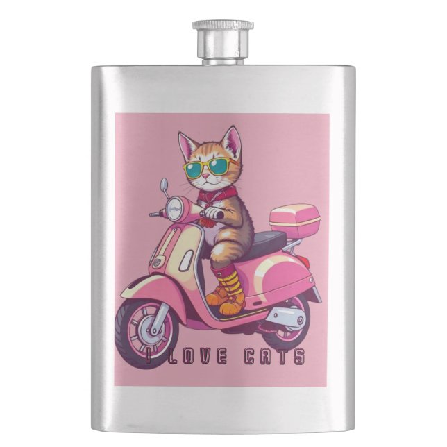 Niedlich-rosa Katze mit Brille und Motorrad Flachmann (Vorderseite)