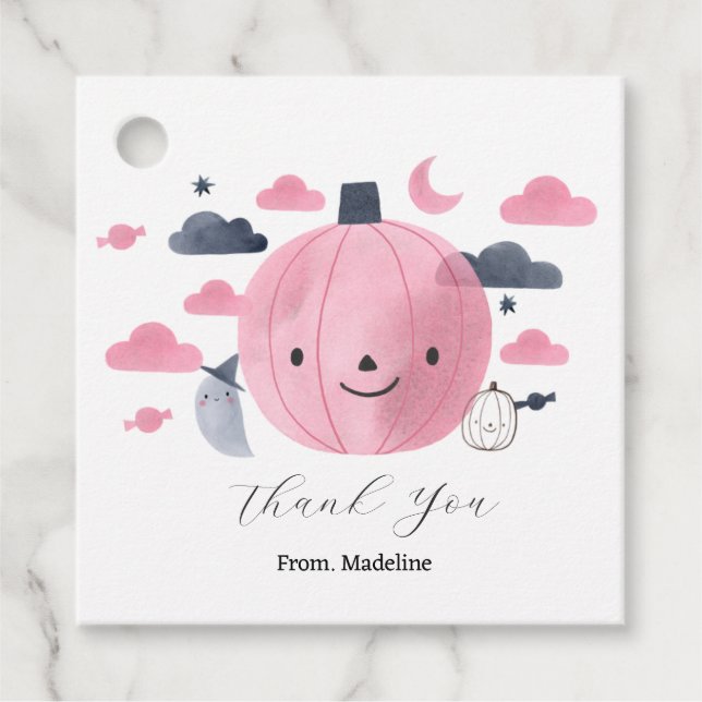 niedlich-rosa-kleine Pumkini Geburtstagseinladunge Geschenkanhänger (Vorderseite)