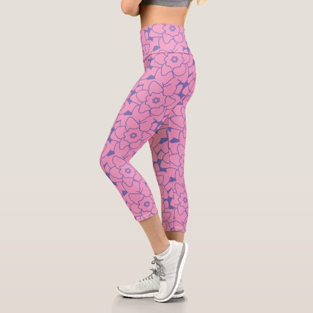 Niedlich rosa Lila Blumenmuster Trendy Fitness Capri Leggings (Links)