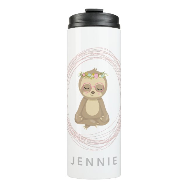 Niedlich rosa Lotus Yoga Sloth Design Personalisie Thermosbecher (Vorderseite)