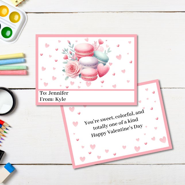 Niedlich-rosa Macarons und Herz - Kleines Valentin Karte (Cute Pink Printable Classroom Valentines )