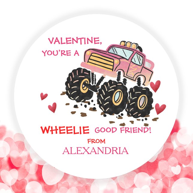 Niedlich-Rosa-Monster-Lkw-Schule Valentine Runder Aufkleber (Cute Pink Monster Truck School Valentine Classic Round Sticker)