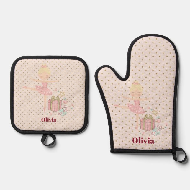 niedlich-rosa-Nutcracker-Ballerina Ofenhandschuh & Topflappen-Set (Vorderseite)