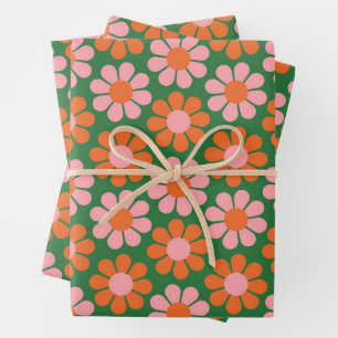 Niedlich rosa orange grüne Retro-Blume Geschenkpapier Set