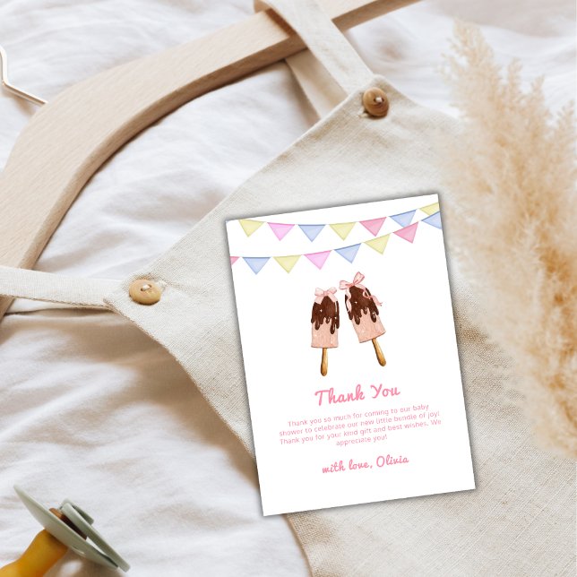 Niedlich-rosa Popcicle Bow Ice Cream Baby Dusche Dankeskarte (Cute Pink Popcicle Bow Ice Cream Baby Shower Thank You Card)