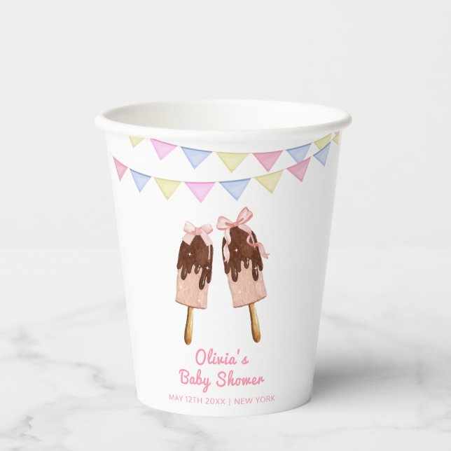 Niedlich-rosa Popcicle Bow Ice Cream Baby Dusche Pappbecher (Vorderseite)