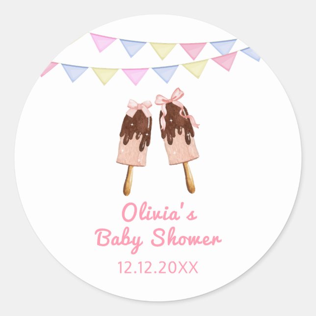 Niedlich-rosa Popcicle Bow Ice Cream Baby Dusche Runder Aufkleber (Vorderseite)