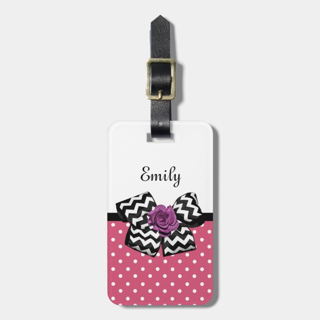 Niedlich rosa Punkte Lila Rose Zickzack Bow und Na Gepäckanhänger (Vorderseite vertikal)