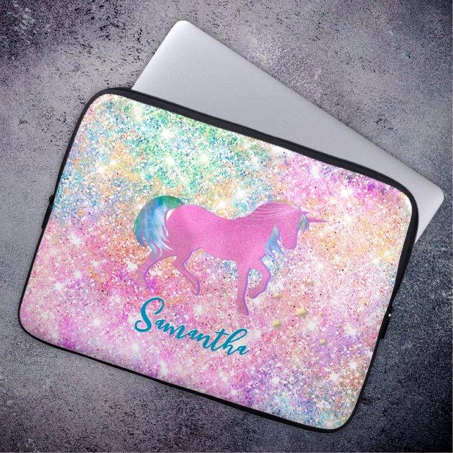 Niedlich Rosa Rainbow-Einhorn-Glitzer-Monogramm Laptopschutzhülle (Von Creator hochgeladen)