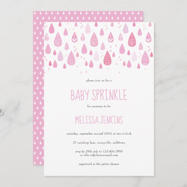 Niedlich rosa Raindrops Baby Sprinkle / Dusche Einladung (Vorne/Hinten)