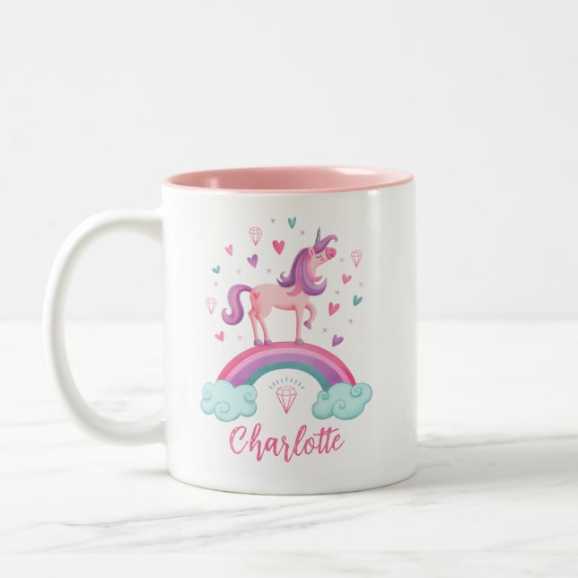 Niedlich-Rosa-Regenbogen-Einhorn Zweifarbige Tasse (Links)