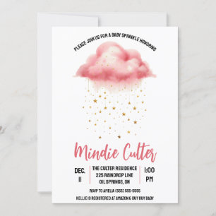 Niedlich rosa Regenwolke mit Goldenen Sterne Baby  Einladung