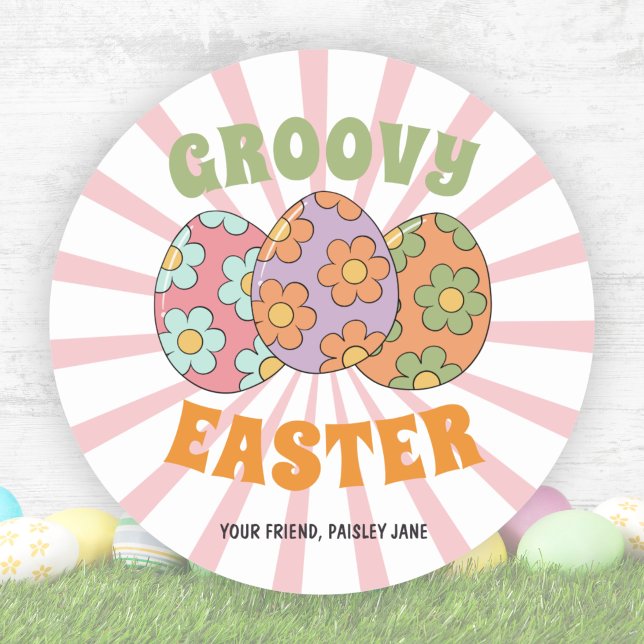 Niedlich rosa Retro Groovy Osterfest Party Runder Aufkleber (Cute Pink Retro Groovy Easter Party Classic Round Sticker)