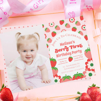 Niedlich Rosa Rot Berry Erster Geburtstag Foto Einladung