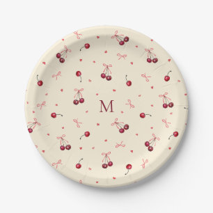 Niedlich rosa rote Bows Kirschen Herz mit Monogram Pappteller