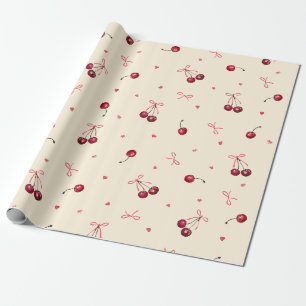 Niedlich rosa rote Kirschen Herz Bows Creme Geschenkpapier