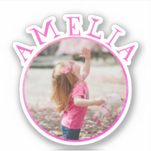 Niedlich rosa Rundrahmen Name und Foto Kids Aufkle Aufkleber