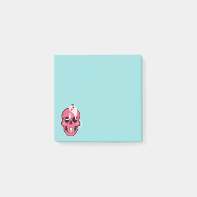 Niedlich rosa Schädel mit Spinnen und Geistern in  Post-it Klebezettel (Vorderseite)
