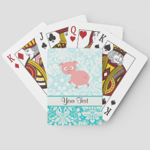 Niedlich rosa Schwein, Aquamarin Damask Spielkarten