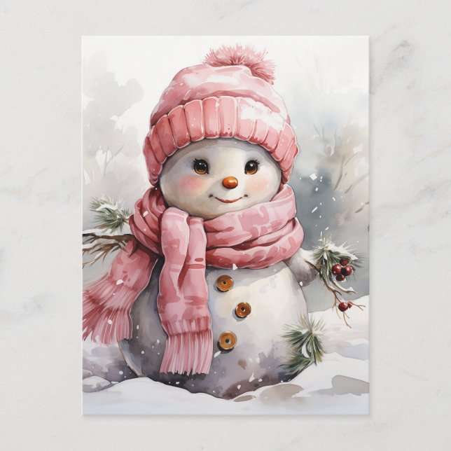 Niedlich rosa Snowman Feiertagspostkarte (Vorderseite)
