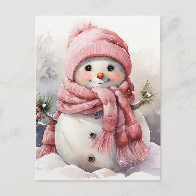 Niedlich rosa Snowman Feiertagspostkarte (Vorderseite)